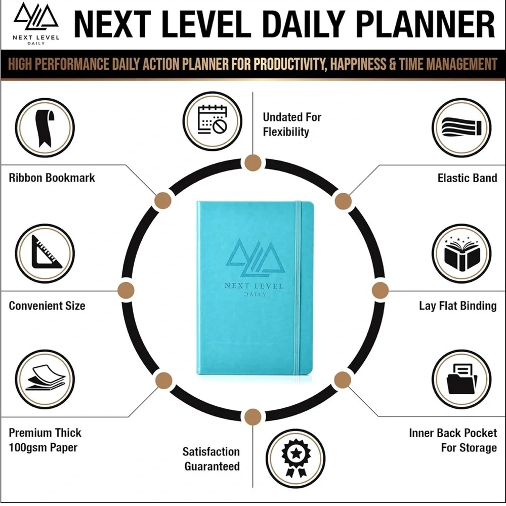 Next Level Undated Daily Planner, Faux Leather, Hardcover, Teal, 8.5 x 6”